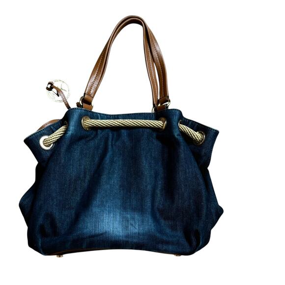 MICHAEL KORS Marina Large Drawstring Tote Bag in Navy Denim and Brown Leather - Picture 2 of 8